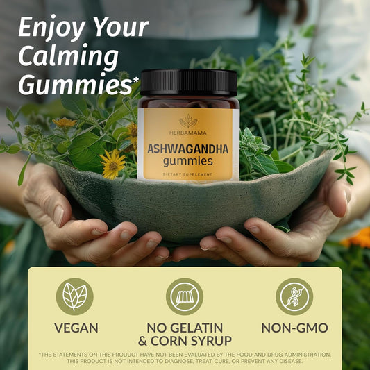 Herbamama Ashwagandha Gummies With Black Pepper - 2000 Mg Pure Ashwagandha Extra Strength - Calming Supplements For Adults - Vegan, Gelatin-Free, Non-Gmo - 90 Mango-Flavored Chews