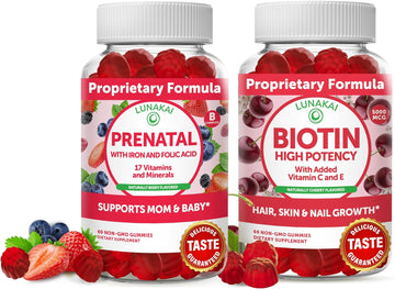 Prenatal and Biotin Gummies Bundle - Non-GMO, Gluten Free, No Corn Syrup, All Natural Supplements- 60 ct Prenatal Gummies and 60 ct Biotin Gummies - 30 Days Supply