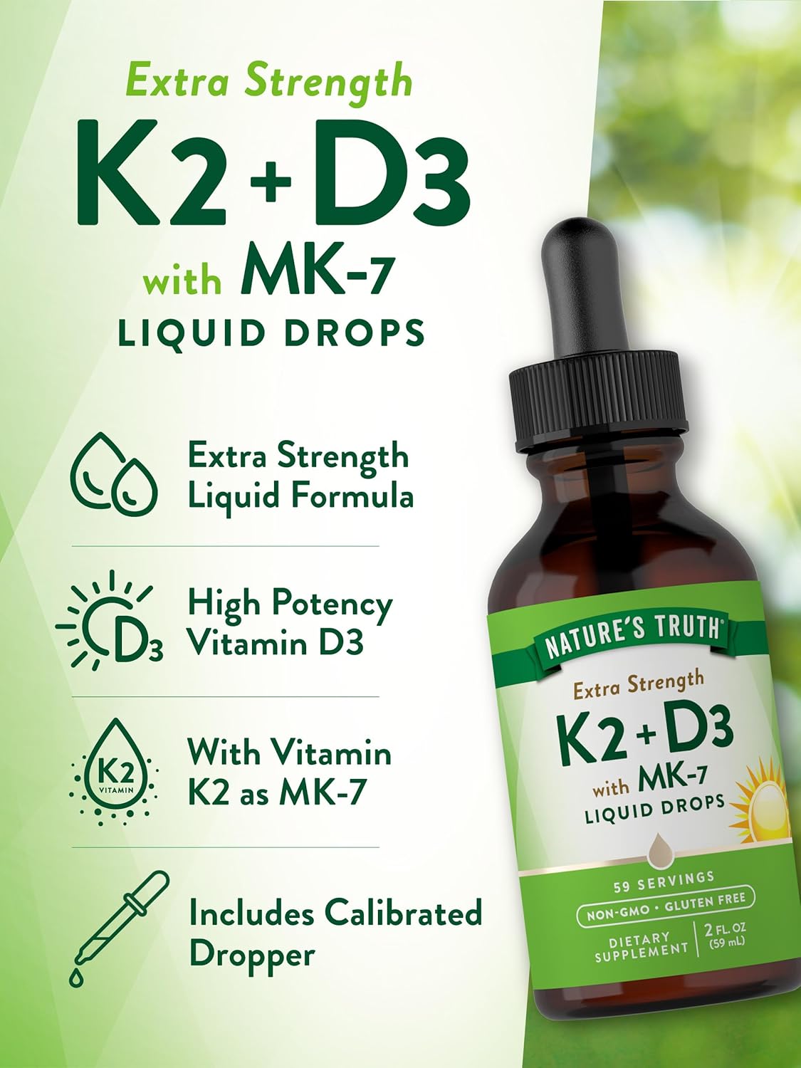 Nature's Truth Vitamin D3 K2 Liquid Drops | with MK-7 | 2 Fl Oz | Vegetarian, Non-GMO & Gluten Free Supplement | Essential Vitamin Support : Health & Household