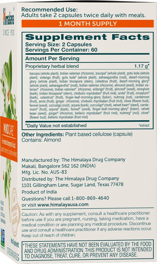 Himalaya Mindcare, Nootropic Brain Supplement Booster For Mental Sharpness, Focus, Memory, And Cognitive Wellness, 1170 Mg, 120 Capsules, 1 Month Supply