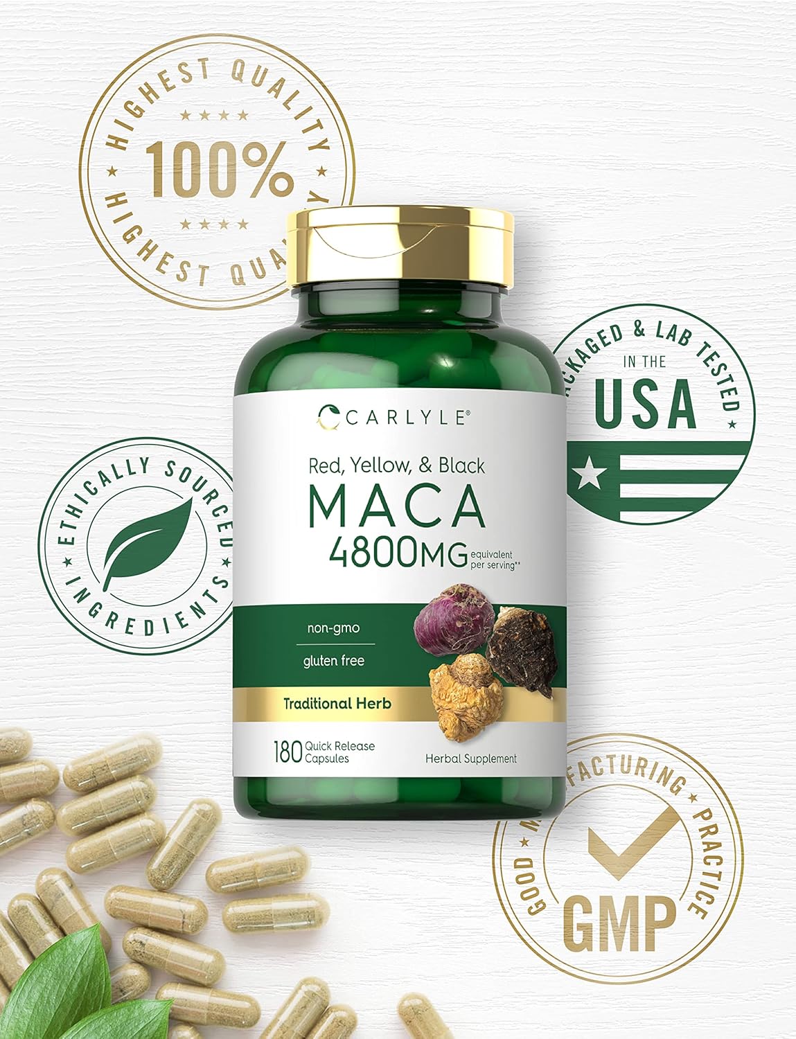 Carlyle Maca Root Capsules | 4800mg | 180 Count | High Potency Extract | Non-GMO and Gluten Free Formula : Health & Household