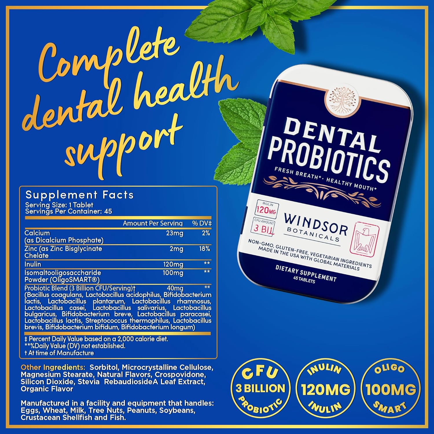 Dental Probiotics For Teeth And Gums - 3Bn Cfu Lactobacillus Salivarius Acidophilus Casei Tablets - Oral Probiotics For Mouth Bad Breath Treatment For Adults - 45 Chewable Dental Probiotic In A Tin : Health & Household