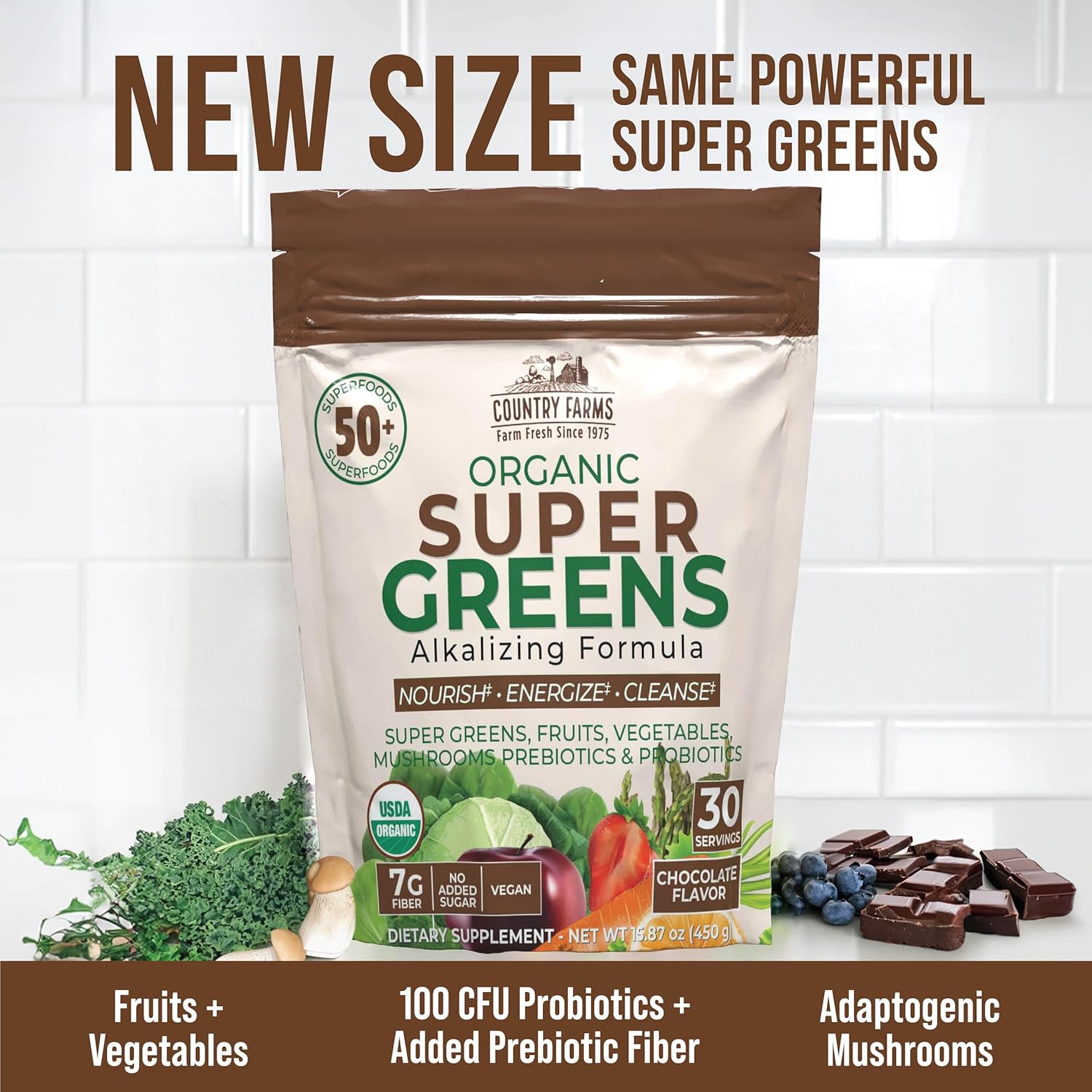 Country Farms Super Greens Chocolate Flavor, 50 Organic Super Foods, USDA Organic Drink Mix (Wheat Grass, Spirulina, Chlorella) Mushrooms & Probiotics, Natural Energy, 30 Servings