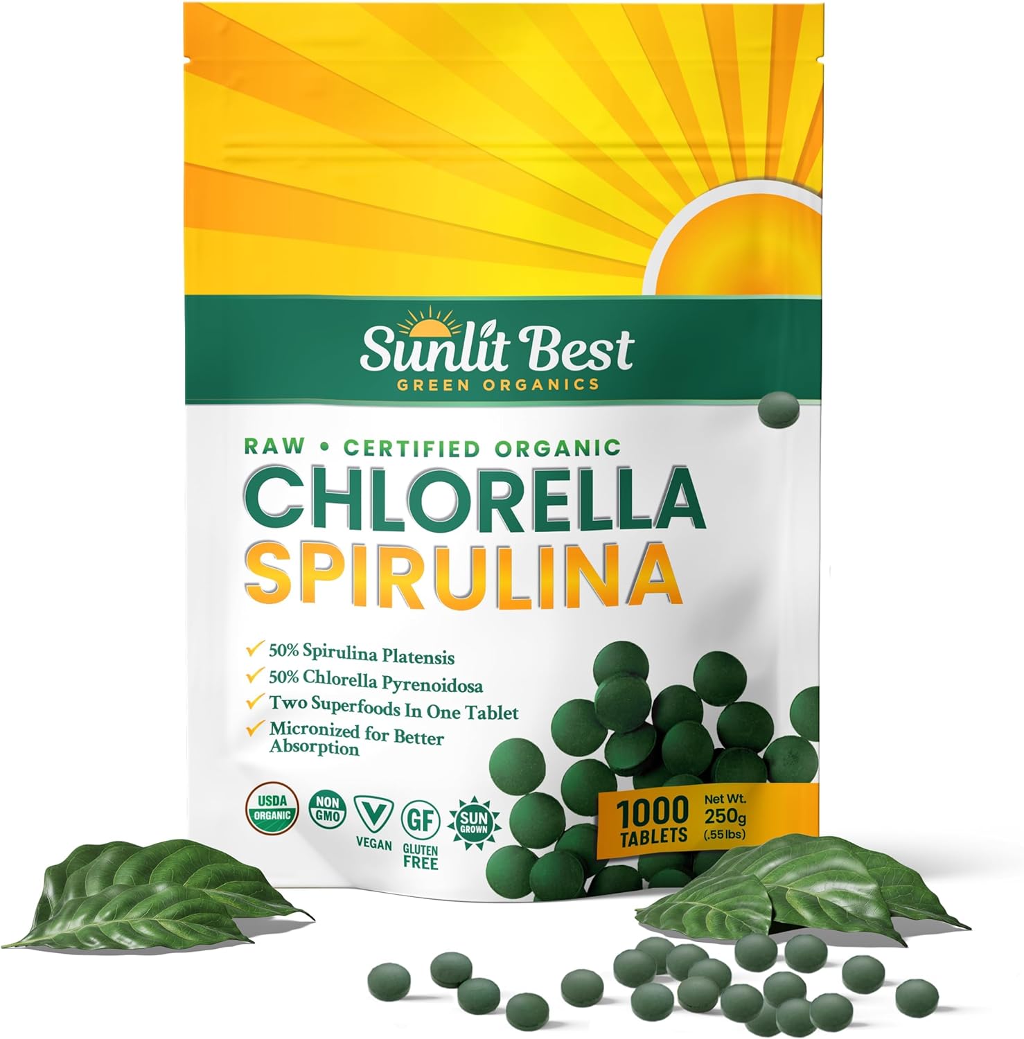 Sunlit Best Organic Burst Chlorella Spirulina Tablets - Pure Superfood Supplement with Blue Green Algae, Chlorophyll & Vegan Protein, Spirulina Chlorella Pills 1000 Tabs
