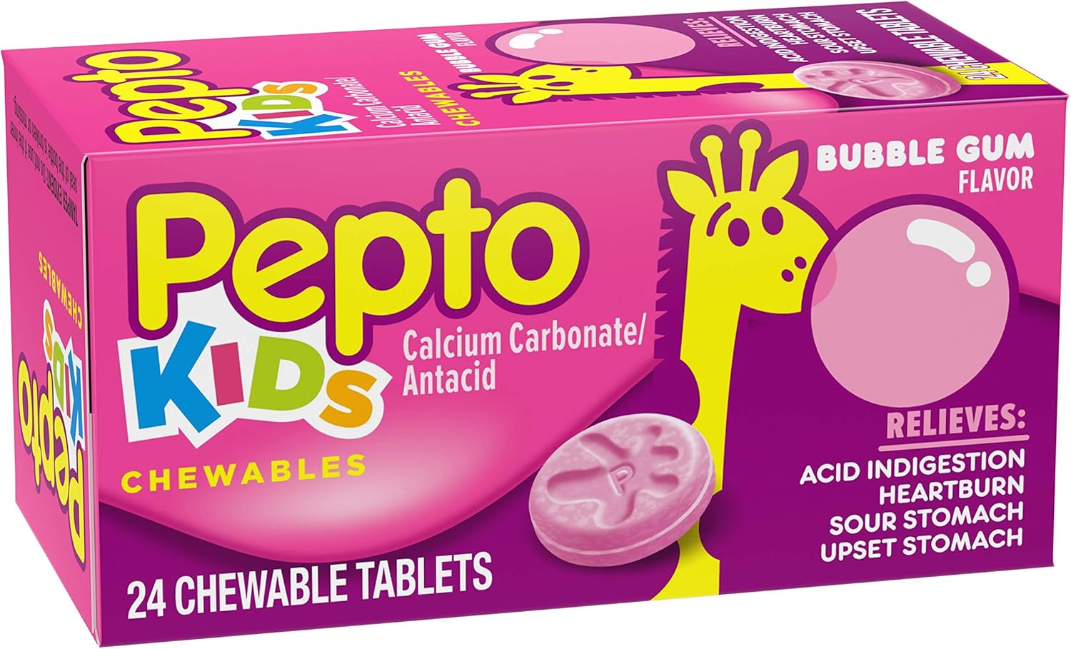 Pepto Bismol Kids Bubblegum Flavor Chewable Tablets for Heartburn,Acid Indigestion,Sour Stomach,and Upset Stomach for Children 24 ct : Health & Household