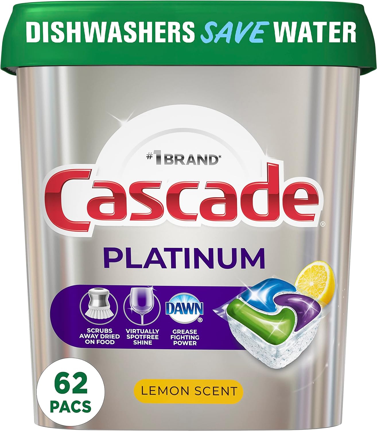Cascade Platinum Dishwasher Pods, Dishwasher Detergent Pod, Dishwasher Soap Pod, Actionpacs Dish Washing Pod, Lemon, 62 Count Dishwasher Detergent Pods (Packaging may vary)