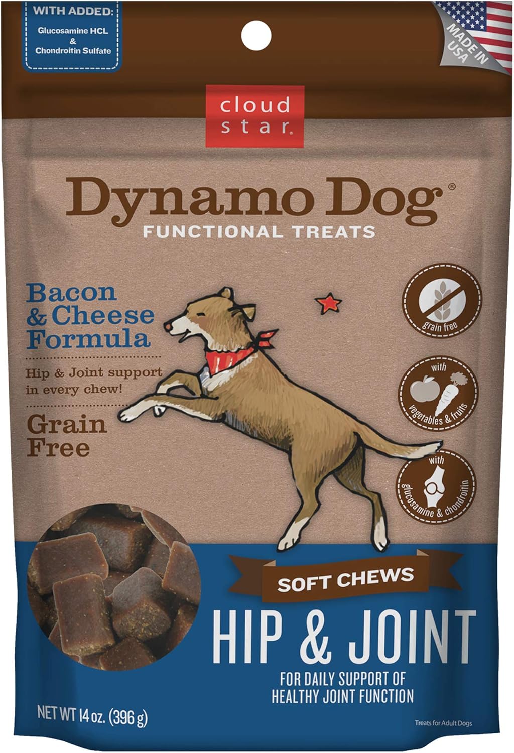 Cloud Star Dynamo Dog Soft Chews Hip & Joint Grain Free Dog Treats, Bacon & Cheese, 14 Oz. Pouch