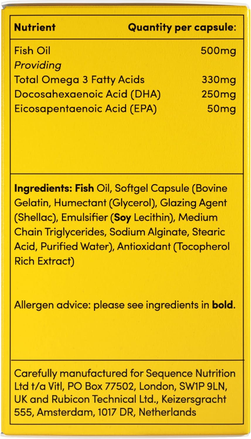 Vitl Omega 3 Fish Oil Supplement - 30 Easy to Swallow Softgel Capsules - Support Brain & Heart Health - 500mg Fish Oil, 250mg DHA & 50mg EPA : Amazon.co.uk: Health & Personal Care