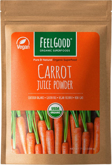 FeelGood Organic Superfoods Carrot Juice Powder, Vegan, Non-GMO, Gluten Free Vegetable Powder, Pure Carrot Powder, Natural Food Coloring, 7 oz