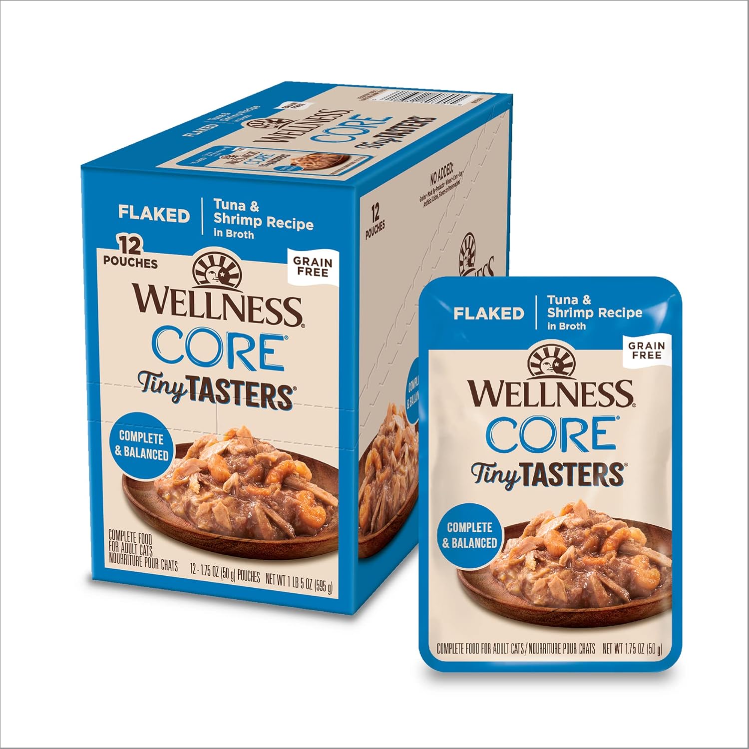 Wellness Core Tiny Tasters Wet Cat Food, Complete & Balanced Natural Pet Food, Made With Real Meat, 1.75-Ounce Pouch, 12 Pack (Adult Cat, Flaked Tuna & Shrimp)