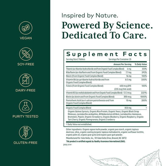 Gaia Herbs Pro Organic B-Complex - For Overall Health & Wellness - With Vitamin B12, Vitamin B6, Niacin, Bromelain, Biotin & More - 50 Vegan Tablets (25 Servings)