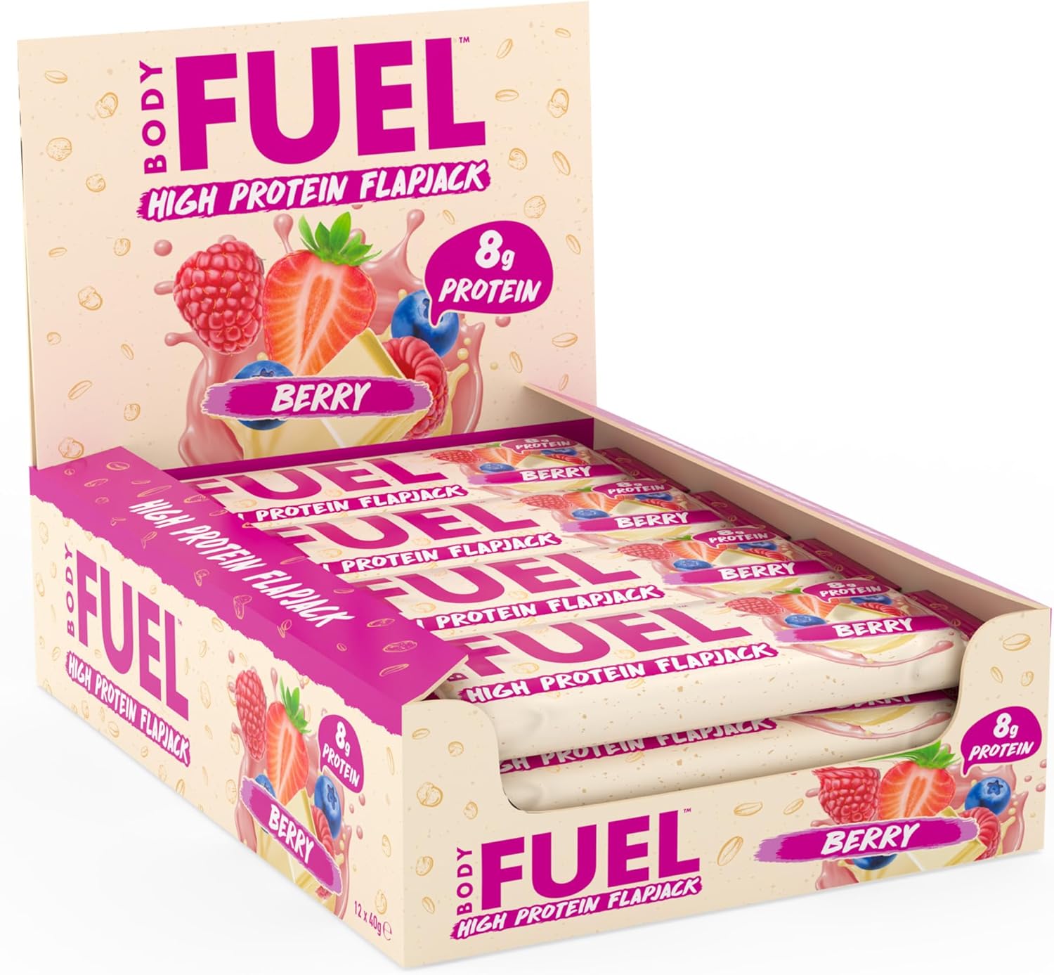 Bodyfuel High Protein Flapjack - 8G Protein, Low Sugar, High Fiber Snack For Pre-Workout & Post-Workout Recovery (Berry)(12 X 40G)