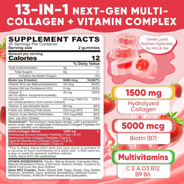 Collagen Peptide Gummies For Women & Men Sugar-Free, Multi Collagen Hydrolyzed W/ 1500Mg Protein Type I,Ii,Iii,V,X, 5000Mcg Biotin, Methylated B12, Vitamin C A E D3 B6 For Skin Hair Nails, Bone, 60Cts