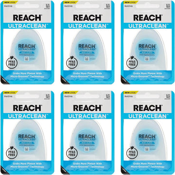 REACH® Listerine Ultraclean Mint Waxed Dental Floss | Dental Floss | PFAS Free | Shred Resistant | Effective Plaque Removal | Mint Flavor | 30yd, 6 Pack