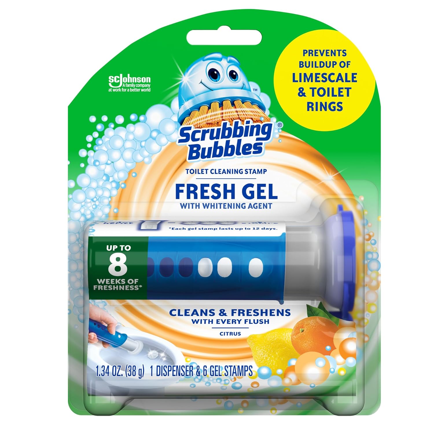 Scrubbing Bubbles Fresh Gel Toilet Bowl Cleaning Stamps Starter Pack, Clean And Prevent Limescale And Toilet Rings, Citrus Scent, 1 Dispenser With 6 Stamps, 1.34 Oz