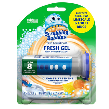 Scrubbing Bubbles Fresh Gel Toilet Bowl Cleaning Stamps Starter Pack, Clean And Prevent Limescale And Toilet Rings, Citrus Scent, 1 Dispenser With 6 Stamps, 1.34 Oz