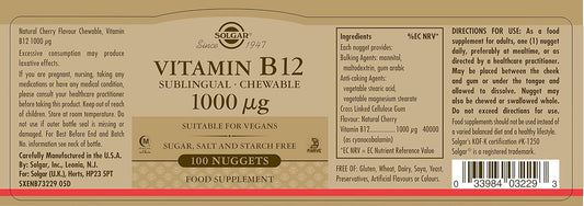 Solgar Vitamin B12 1000 Mcg, 100 Nuggets - Energy Production, Red Blood Cells - Healthy Nervous System - Promotes Cardiovascular Health - Vitamin B - Non-Gmo, Gluten Free, Kosher - 100 Servings