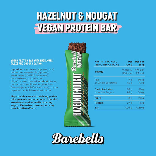 Barebells Vegan Protein Bars – Vegan Chocolate Bar With Low Carb, High Protein, Ideal For Vegan Snacks – 12 X 55G (Hazelnut Nougat)