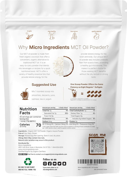 Micro Ingredients Organic MCT Oil Powder with Prebiotic Fiber,1 Pound(16 Ounce), Fast Fuel for Body and Brain, C8 MCT Oil for Coffee Creamer, No GMOs, Keto Diet, Vegan