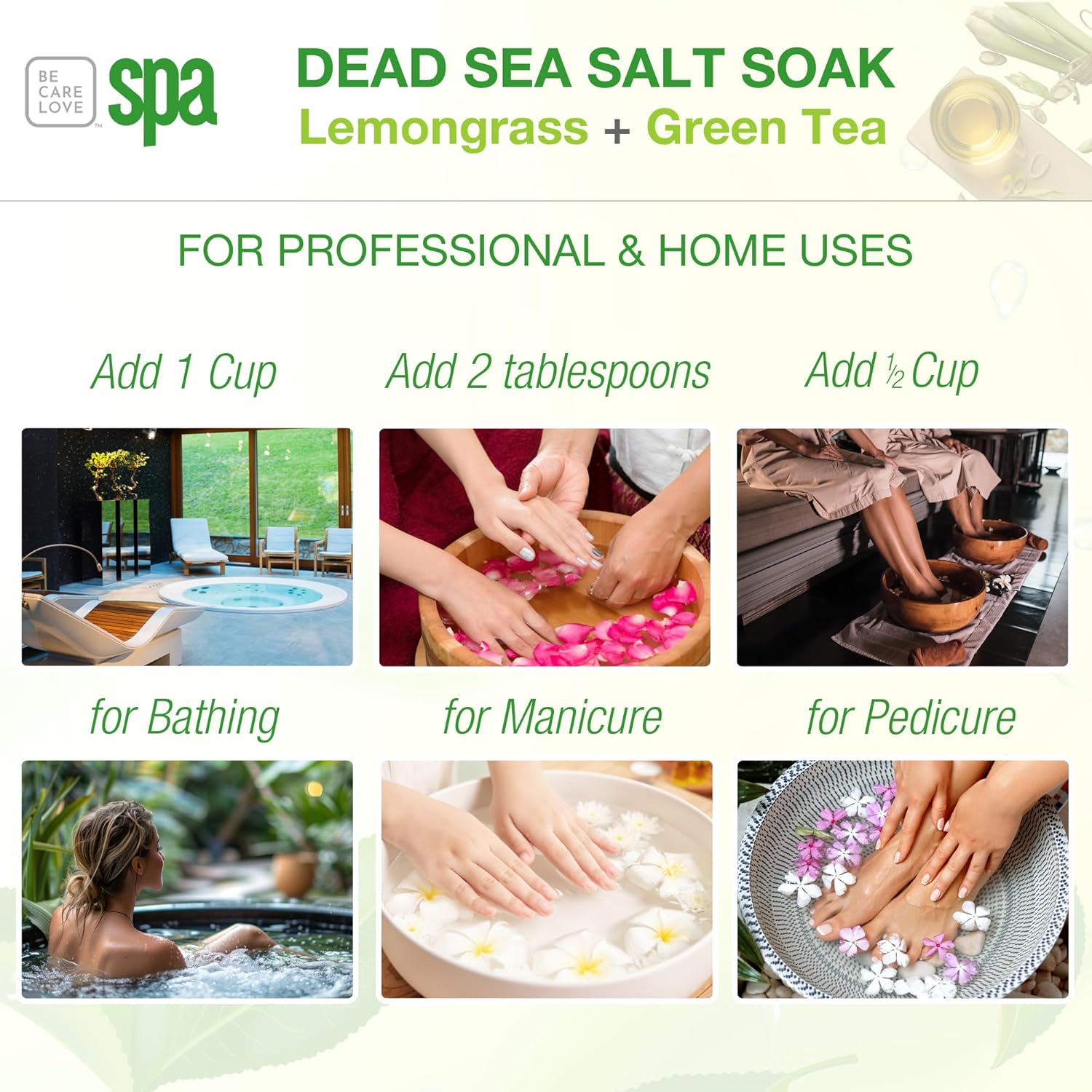 Bcl Spa Dead Sea Salt Soak - Bath Salt With Organic Lemongrass + Green Tea, Shae Butter, Arnica, Aloe Vera Juice, Chamomile, Argan Oil & Jojoba Oil - Skin Exfoliator - Home/Professional Use 16 Fl Oz : Beauty & Personal Care