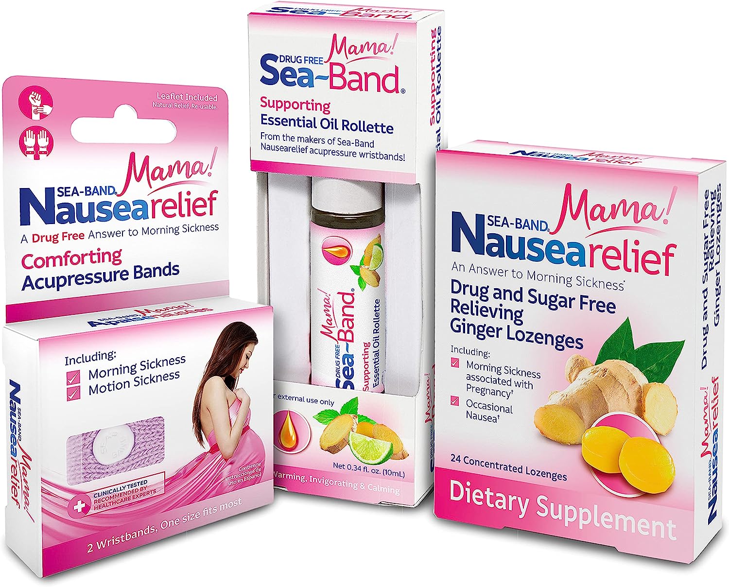 Sea-Band Mama! Nausea Relief Pregnancy Kit with Anti-Nausea Acupressure Bands, Ginger Lozenges & Essential Oil Rollette