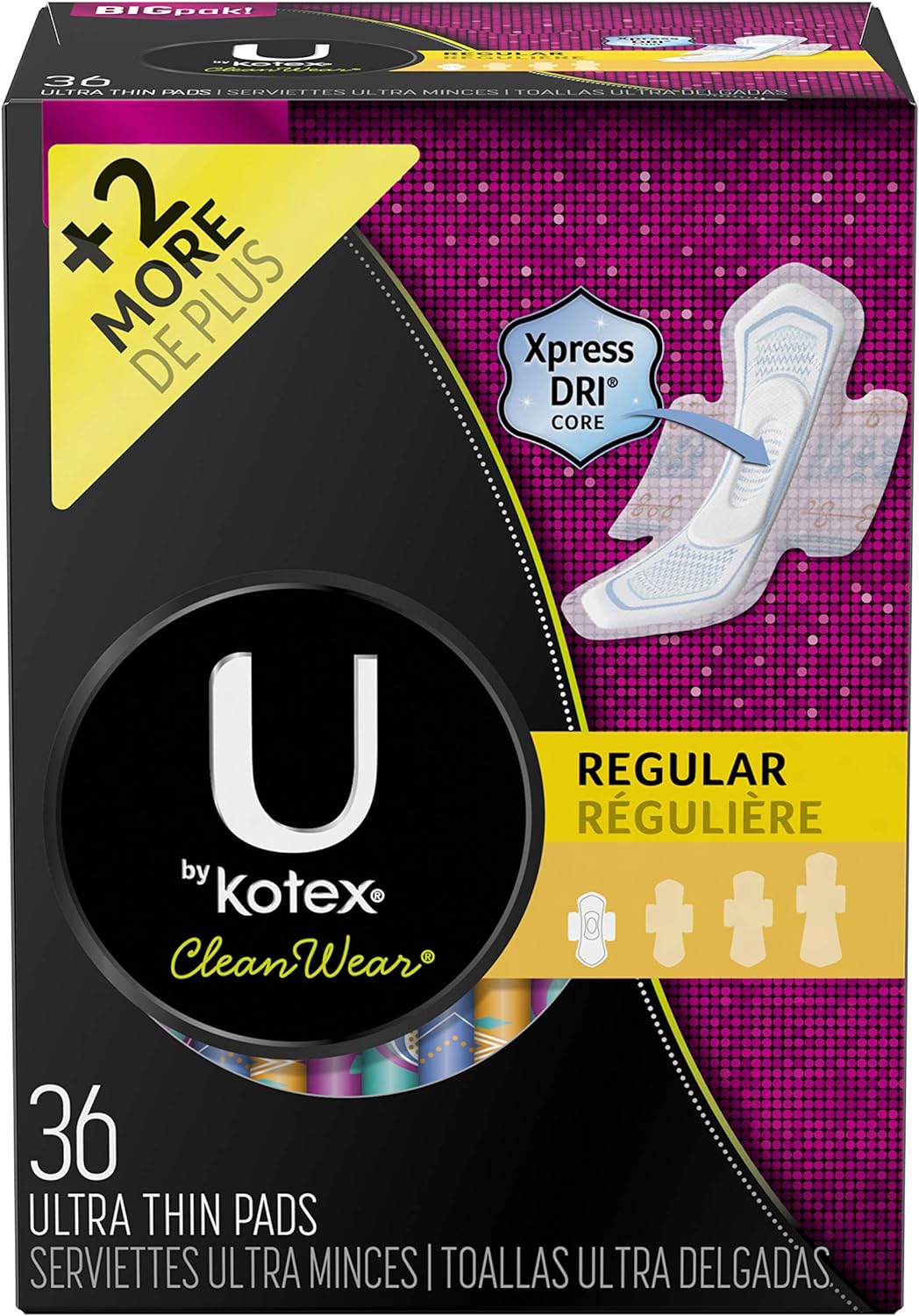 U by Kotex Cleanwear Ultra Thin Pads with Wings, Regular, 36 Count