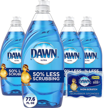 Dawn Ultra Dishwashing Liquid Dish Soap (4x19.4 Fl oz) + Non-Scratch Sponge (2 Count), Original Scent