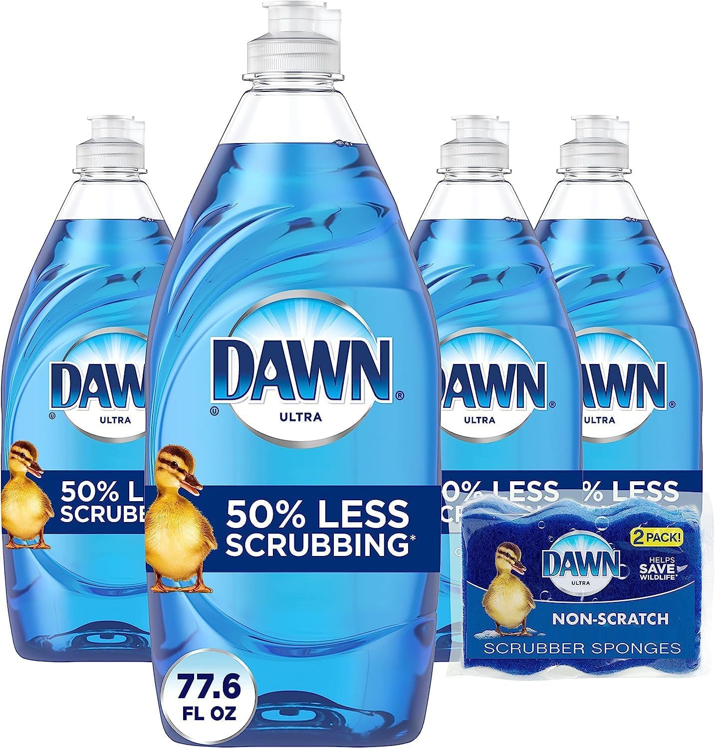 Dawn Ultra Dishwashing Liquid Dish Soap (4X19.4 Fl Oz) + Non-Scratch Sponge (2 Count), Original Scent