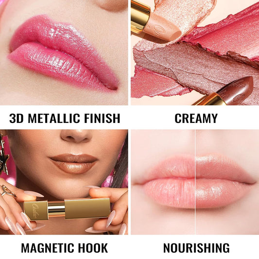 Oulac Nude Lipstick For Women With Metallic 3D Shine Lightweight Hydrating Formula, High Impact Lip Color, Vegan Beauty, Full Coverage Lip Makeup, Christmas Gifts For Women, Sahara Gold(10)