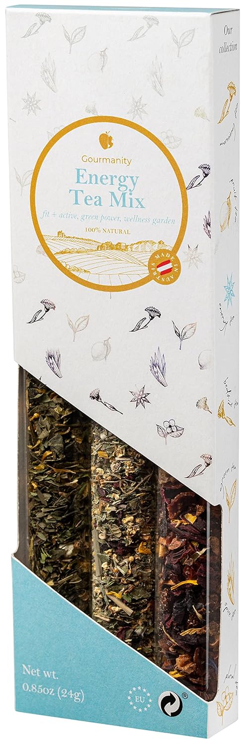 Gourmanity Energy Mix Loose Tea Sampler Gift Set, 3 Invigorating Flavors Of Energy & Wellness Tea, Power Up And Hydrate With These Naturally Flavored Herbal Blends, Product Of Austria, 0.85Oz