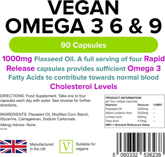 Lindens Vegan Omega 3, 6 & 9 Flaxseed 1000mg Softgel Capsules - 90 Capsules - Rapid-Release - UK Manufacturer, Letterbox Friendly