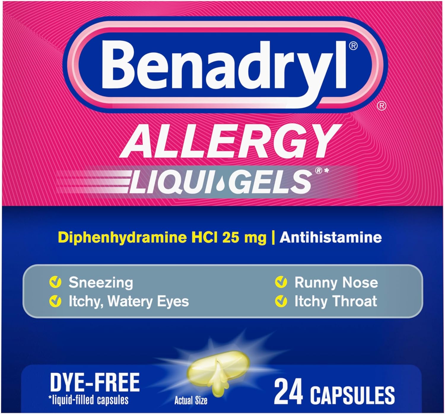 Benadryl Liqui-Gels Allergy Medicine, Dye-Free Liquid Gel Capsules With 25 Mg Of Diphenhydramine Hcl Antihistamine For Relief Of Allergy & Cold Symptoms Like Runny Nose & Sneezing, 24 Ct
