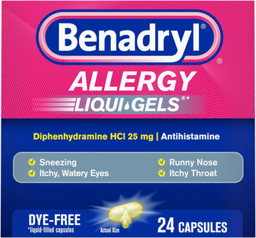 Benadryl Liqui-Gels Allergy Medicine, Dye-Free Liquid Gel Capsules With 25 Mg Of Diphenhydramine Hcl Antihistamine For Relief Of Allergy & Cold Symptoms Like Runny Nose & Sneezing, 24 Ct