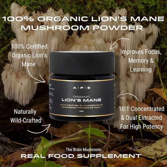 Ape Nutrition Organic Lion’S Mane Mushroom Extract Powder - Certified Organic & Wild Crafted, Improves Memory & Focus, Uk Supplements, Pure Concentrated Extract, 40G (40-80 Servings)