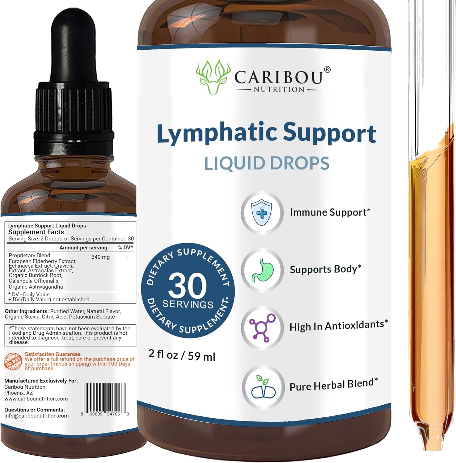 Caribou Nutrition Lymphatic Drainage Drops - Lymphatic Drainage Supplements For Immune Support | High Potency Lymphatic Support Drops With Elderberry And Echinacea | 30 Servings - 2Oz