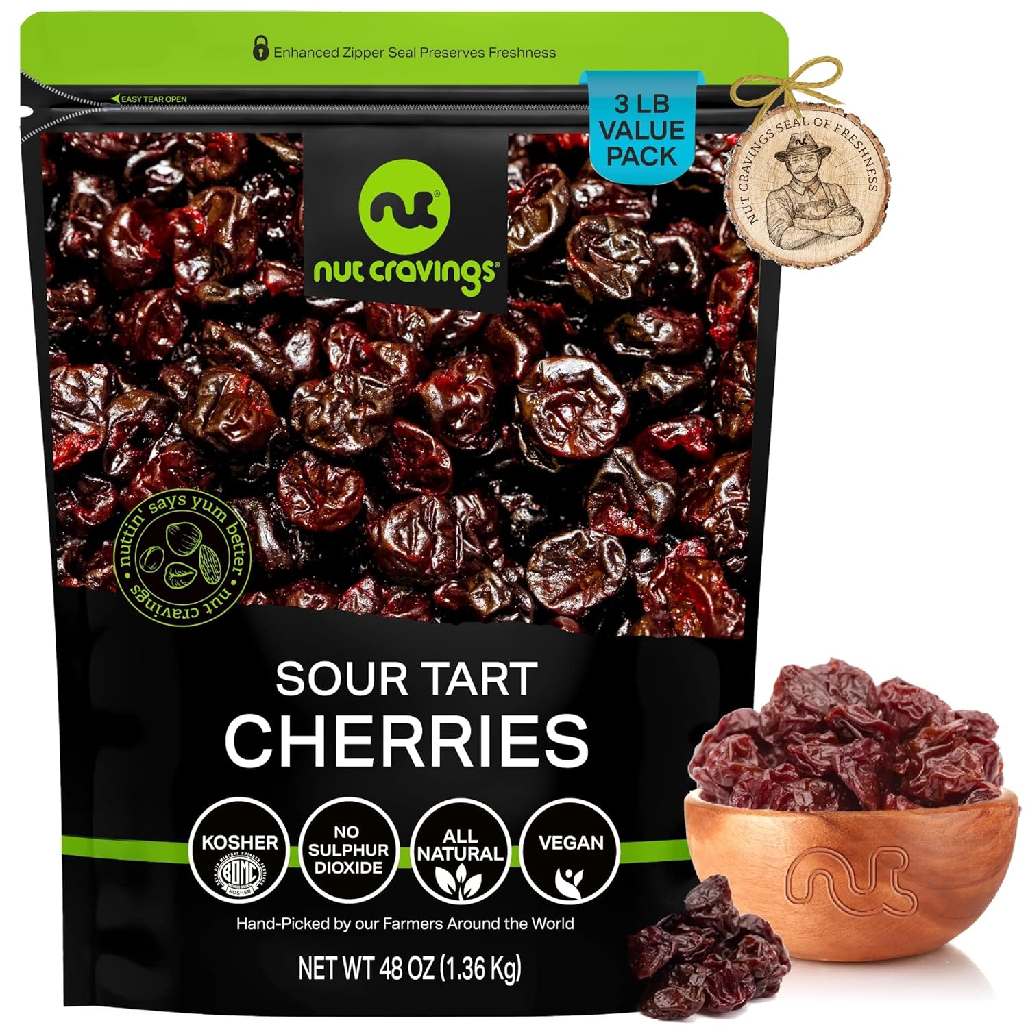 Nut Cravings Dry Fruits - Sun Dried Sour Tart Cherries, Lightly Sweetened (48oz - 3 LB) Packed Fresh in Resealable Bag - Sweet Snack, Healthy Food, All Natural, Vegan, Kosher Certified