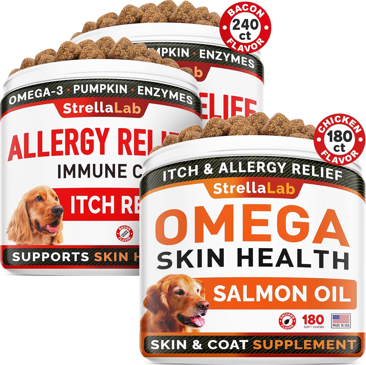 Strellalab Allergy Relief 2 Packs 240Ct + Omega 3 180Ct For Dogs Bundle - Itchy Skin Treatment + Skin&Coat Supplement - Omega 3 & Pumpkin - Allergy Chews & Anti Itch Support Supplement - Made In Usa