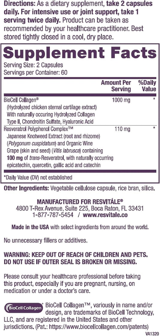 Resvitále Collagen Enhance - Beauty Supplement With Hyaluronic Acid & Resveratrol - 120 Capsules