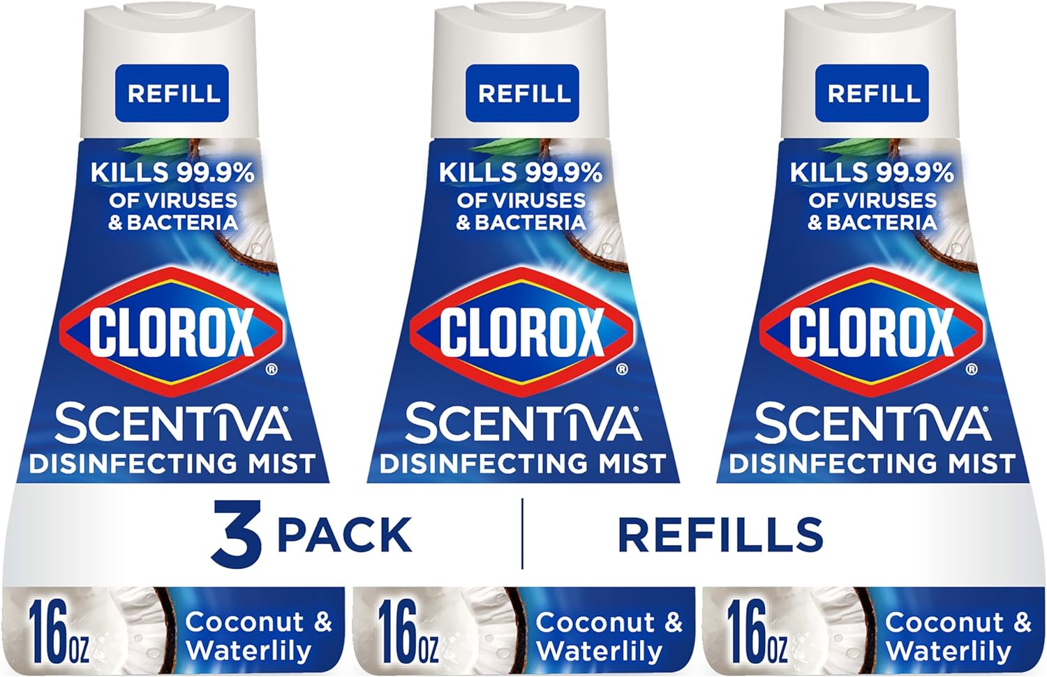 Clorox Scentiva Disinfecting Mist, Coconut And Waterlily, Refill, 16 Fluid Ounces Each, Pack Of 3