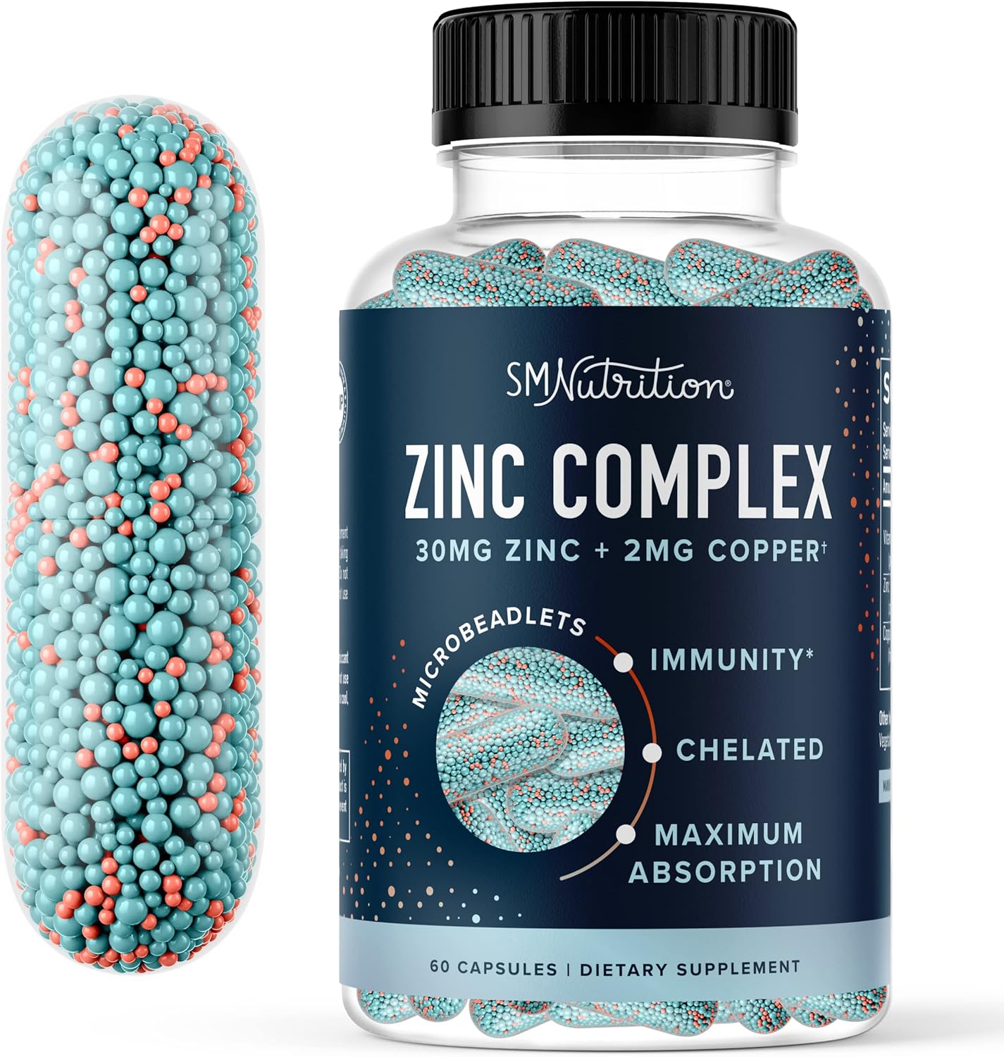 Zinc Supplement Microbeadlets For Immune & Acne Support | Highly Absorbable Zinc Bisglycinate & Orotate With 2Mg Chelated Copper + Vitamin B6 | Vegan, Gluten-Free | 30Mg Zinc Balance | 60 Capsules