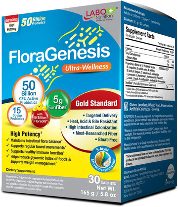 Labo Nutrition Floragenesis - Probiotics 50 Billion Cfu For Women & Men, 15 Strains, 600X More Survivability, Delayed Release, Stomach Acid Resistant, For Gut And Digestive Health - 30 Bags Powder