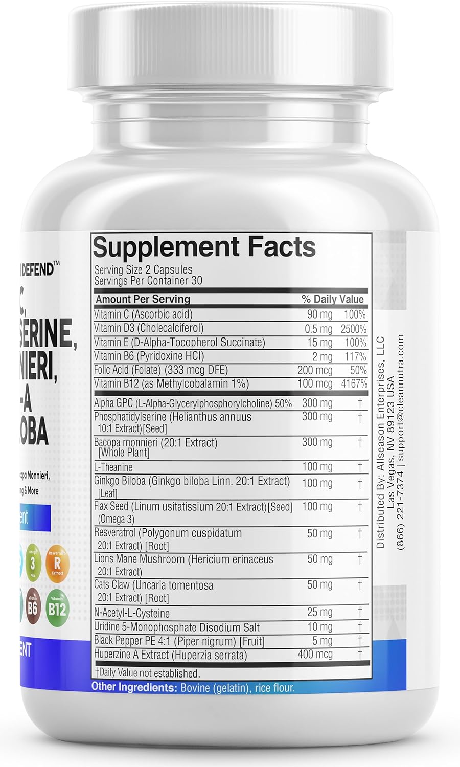 Clean Nutraceuticals Alpha GPC Choline 300mg Phosphatidylserine 3000mg Bacopa Monnieri 6000mg Ginkgo Biloba 2000mg Huperzine A 400mcg Supplement with Urdine Lions Mane Cats Claw NAC Vitamin C B D E : Health & Household