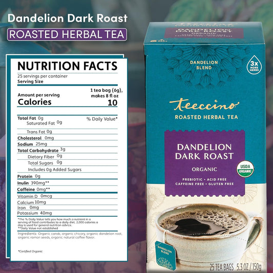 Teeccino Dandelion Herbal Tea - Dark Roast - Caffeine Free, Prebiotic, Gluten Free, 3X More Herbs - 25 Tea Bags