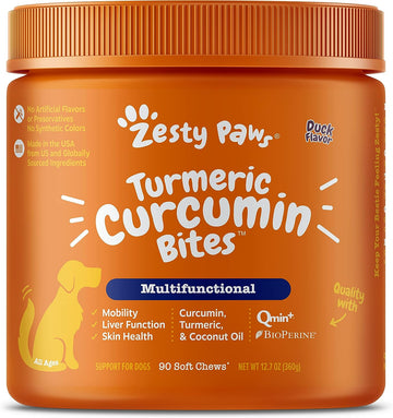 Zesty Paws Turmeric Curcumin for Dogs - for Hip & Joint Mobility Supports Canine Digestive Cardiovascular & Liver Health Coconut Oil for Skin Health with 95% Curcuminoids + BioPerine Duck, 90 Count