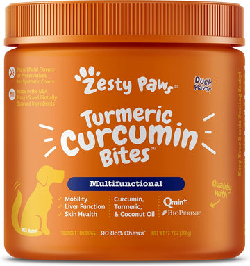 Zesty Paws Turmeric Curcumin For Dogs - For Hip & Joint Mobility Supports Canine Digestive Cardiovascular & Liver Health - Coconut Oil For Skin Health With 95% Curcuminoids + Bioperine Duck, 90 Count