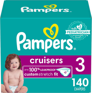 Pampers Cruisers Diapers - Size 3, 140 Count, Disposable Active Baby Diapers With Custom Stretch