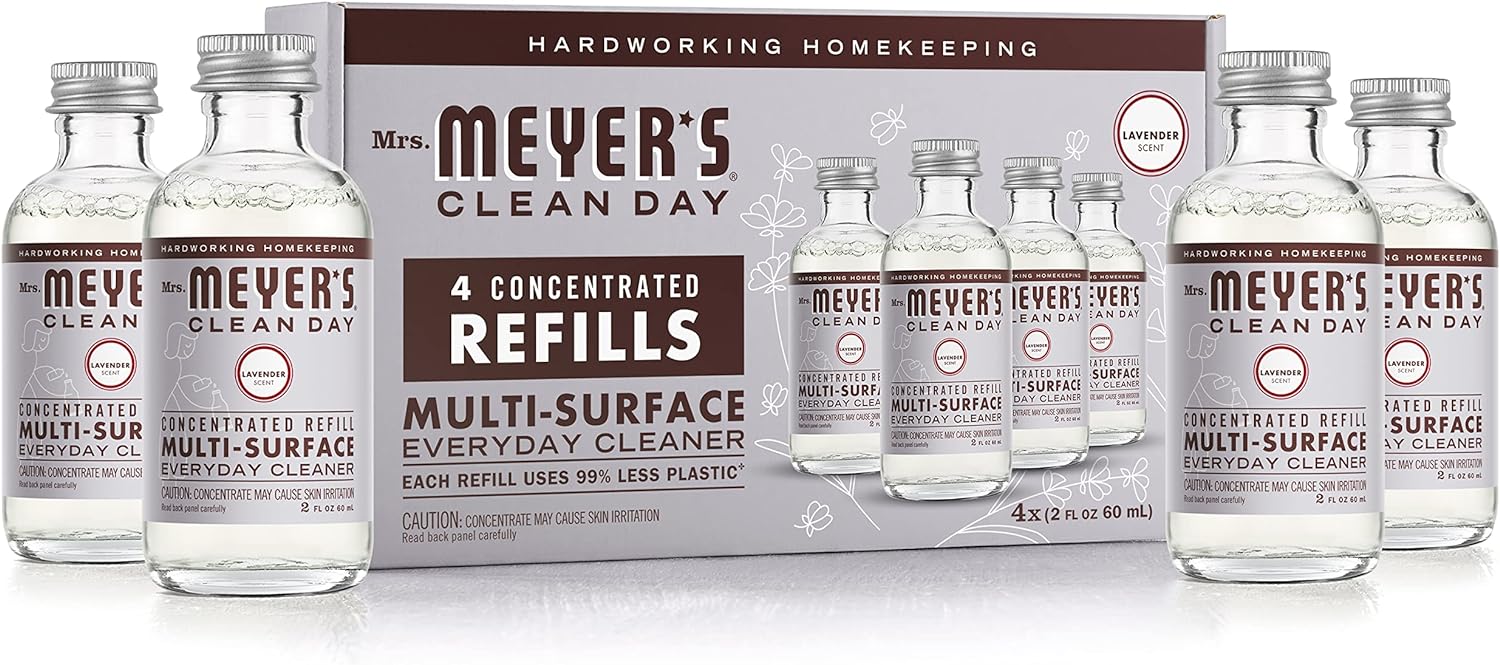 Mrs. Meyer'S Clean Day Multi-Surface Everyday Cleaner Concentrated Refills, 4 Concentrated Refills (2 Fl. Oz. Each), Eco Friendly, Lavender Scent, Makes 64 Fl. Oz. Total