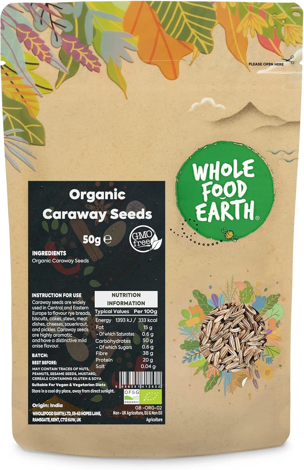 Wholefood Earth Organic Caraway Seeds 50 G | Gmo Free | Certified Organic