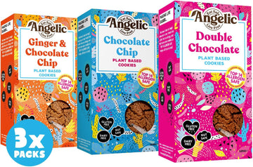 Angelic Free From 3 Mixed Box Vegan & Gluten Free Cookies. 3 Boxes Of Dairy, Nuts, Soya, Egg, Peanut Free Biscuits. Allergy Safe Snacks. Chocolate Chip, Double Chocloate And Ginger And Chocolate