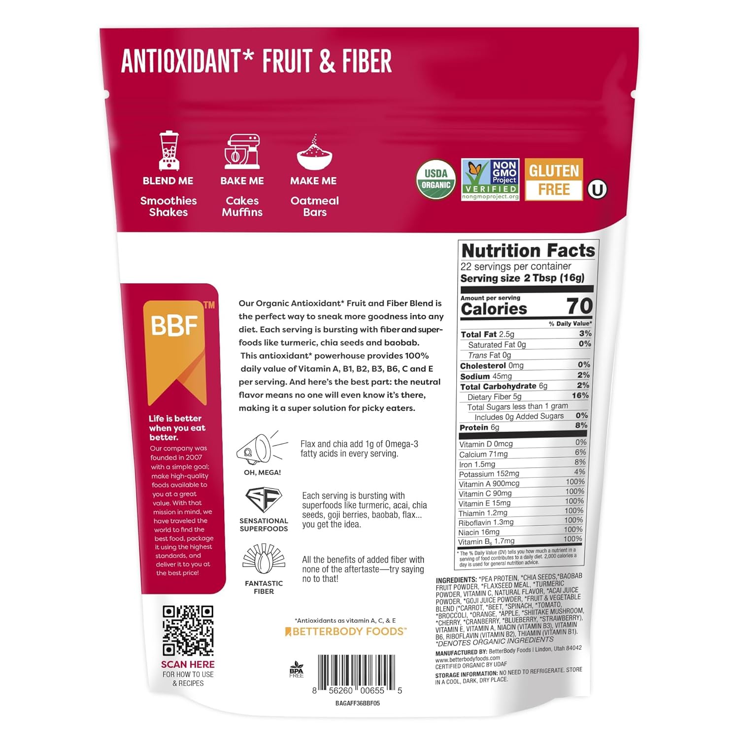 Betterbody Foods Organic Antioxidant Fruit And Fiber Superfood Blend, 12.7 Ounce, Powder : Grocery & Gourmet Food